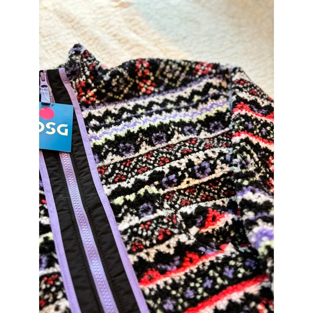 DSG Girls Fleece Full Zip Jacket‎ Fair Isle Purple Black Mock Neck Size Small